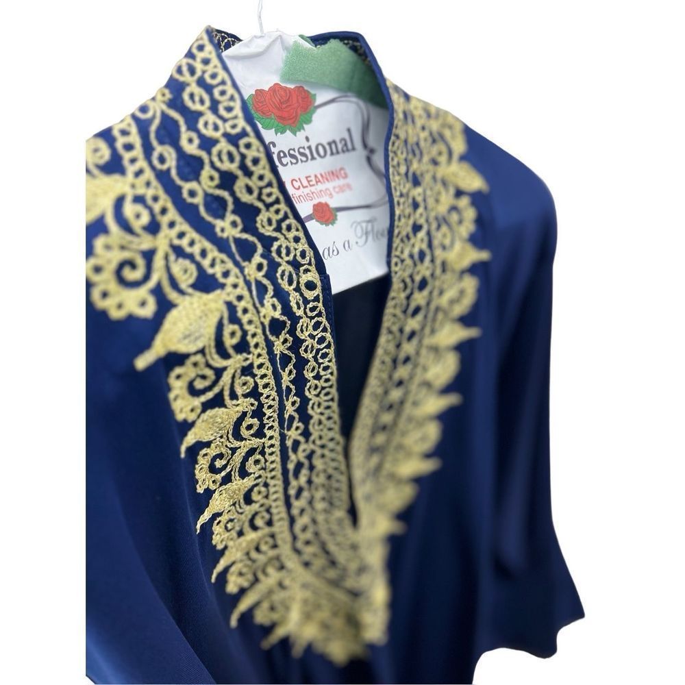 2 Piece Indian Outfit Sheer Robe & Dress Blue and Gold Floral Embroidery Tunic - Picture 8 of 14